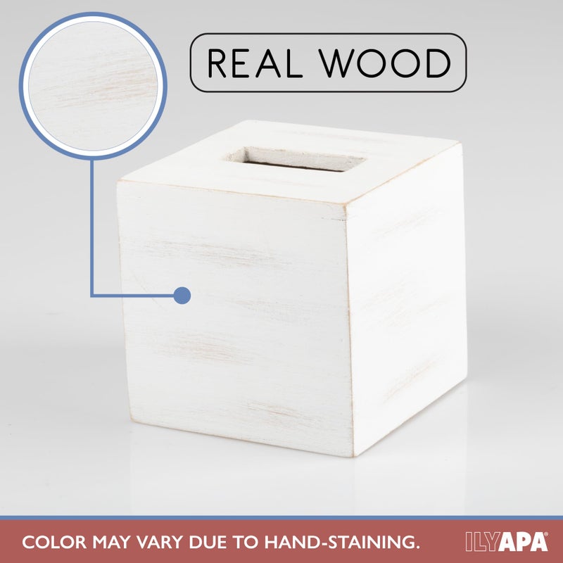 Ilyapa Wood Tissue Box Cover Square, 2 Pack - Rustic Farmhouse White Wooden Tissue Holder - Image 3